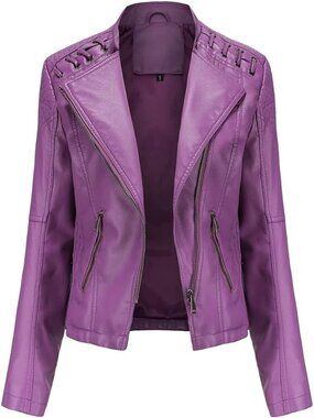 Women's Purple Faux Leather Jacket Women Bomber Jacket Belted Motorcycle Jackets